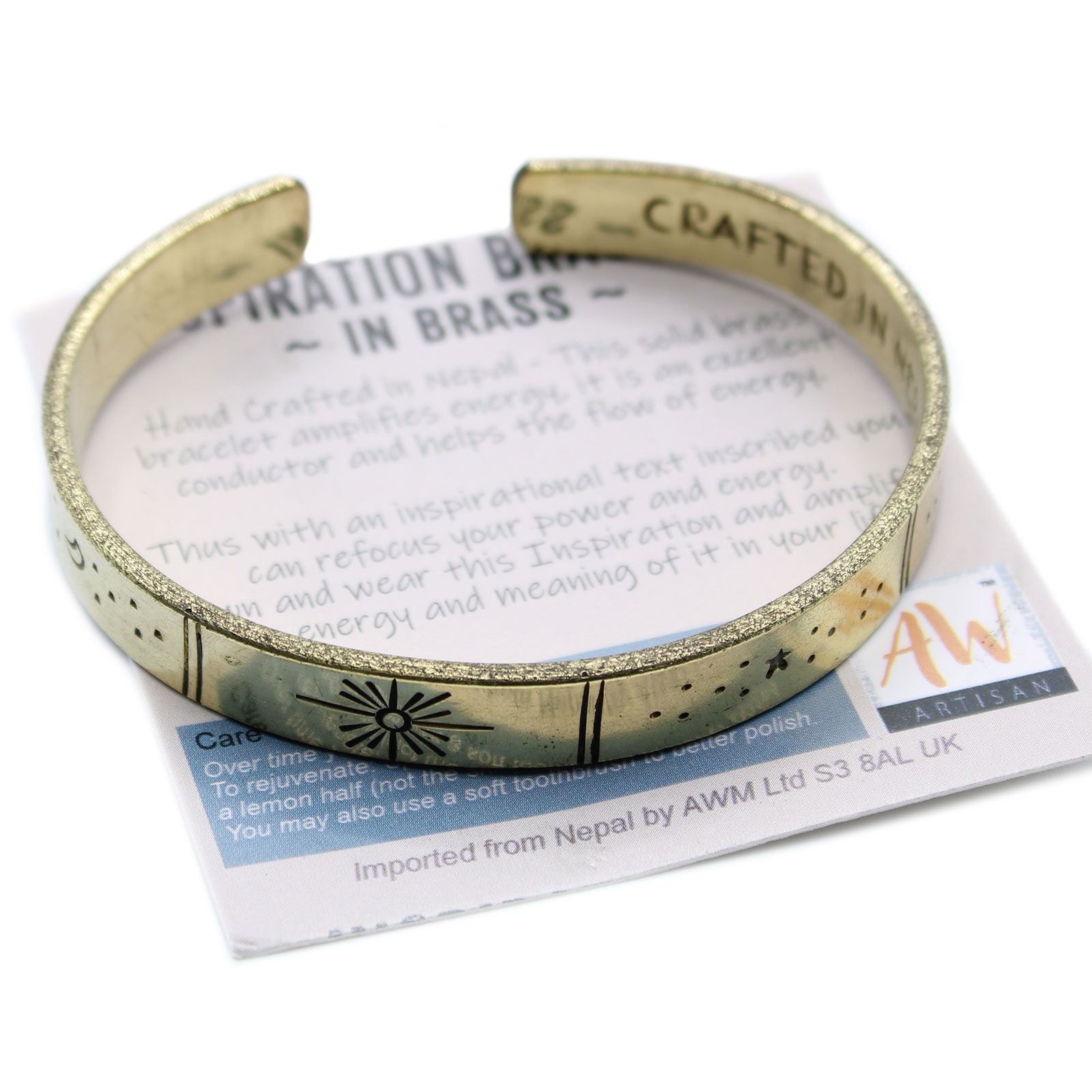 Hand-hammered brass galaxy cuff from Nepal with secret inner mantra (Dream Big, Reach For The Stars & more). Stars & Earth design outside. Fair-trade, adjustable, gift-ready with story card