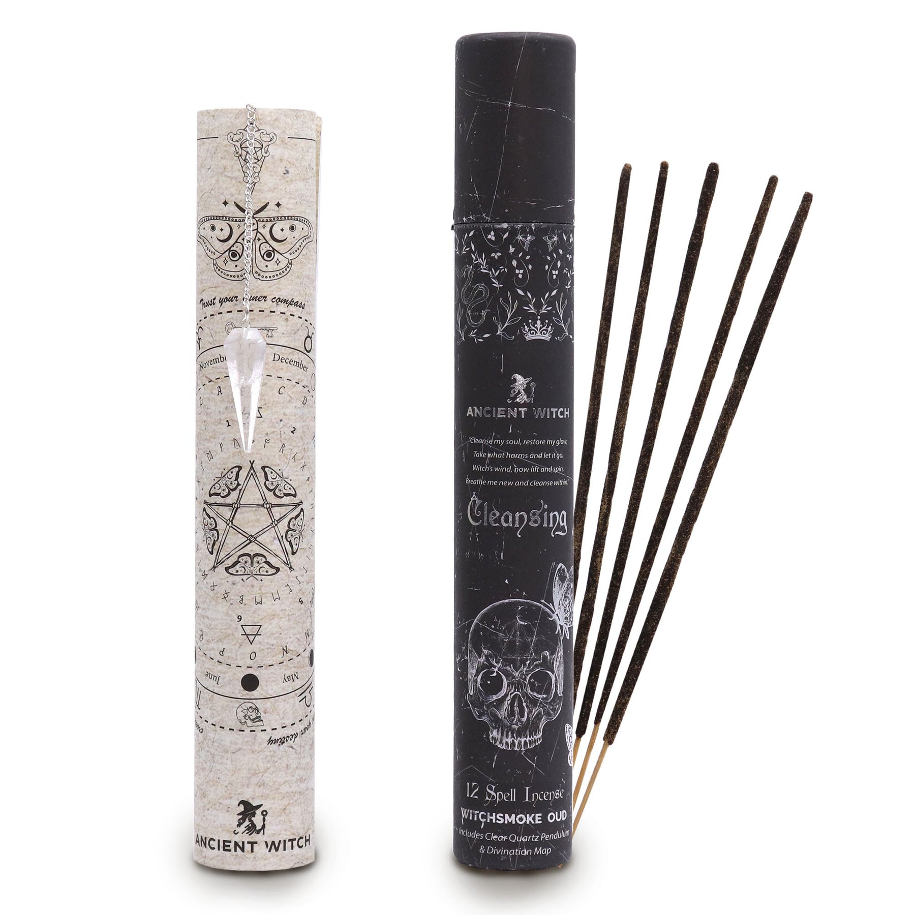 Incense sticks with their packaging featuring esoteric symbols on a white background