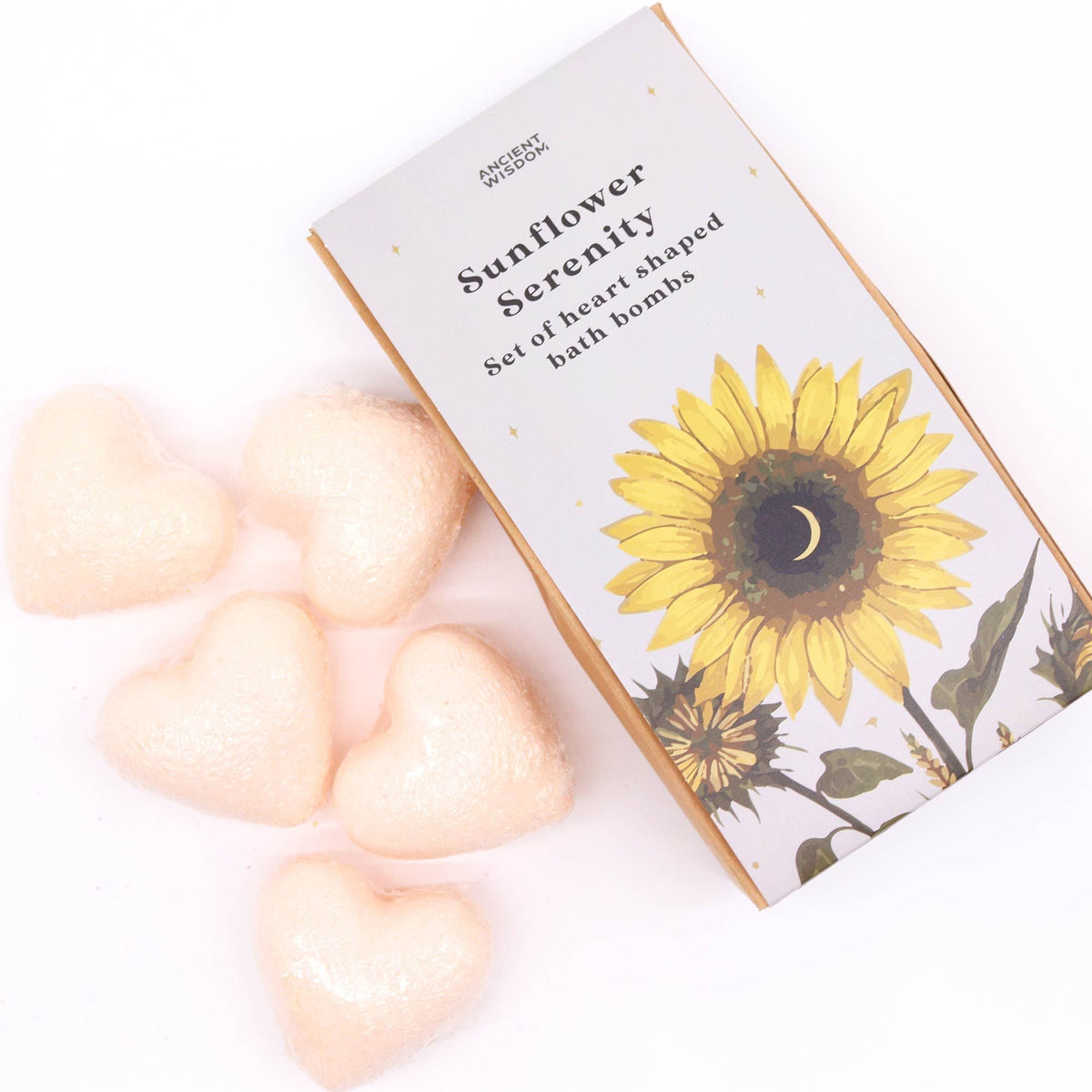Sunflower Serenity Bath Heart Gift Set in elegant box with 5 golden heart-shaped bath bombs