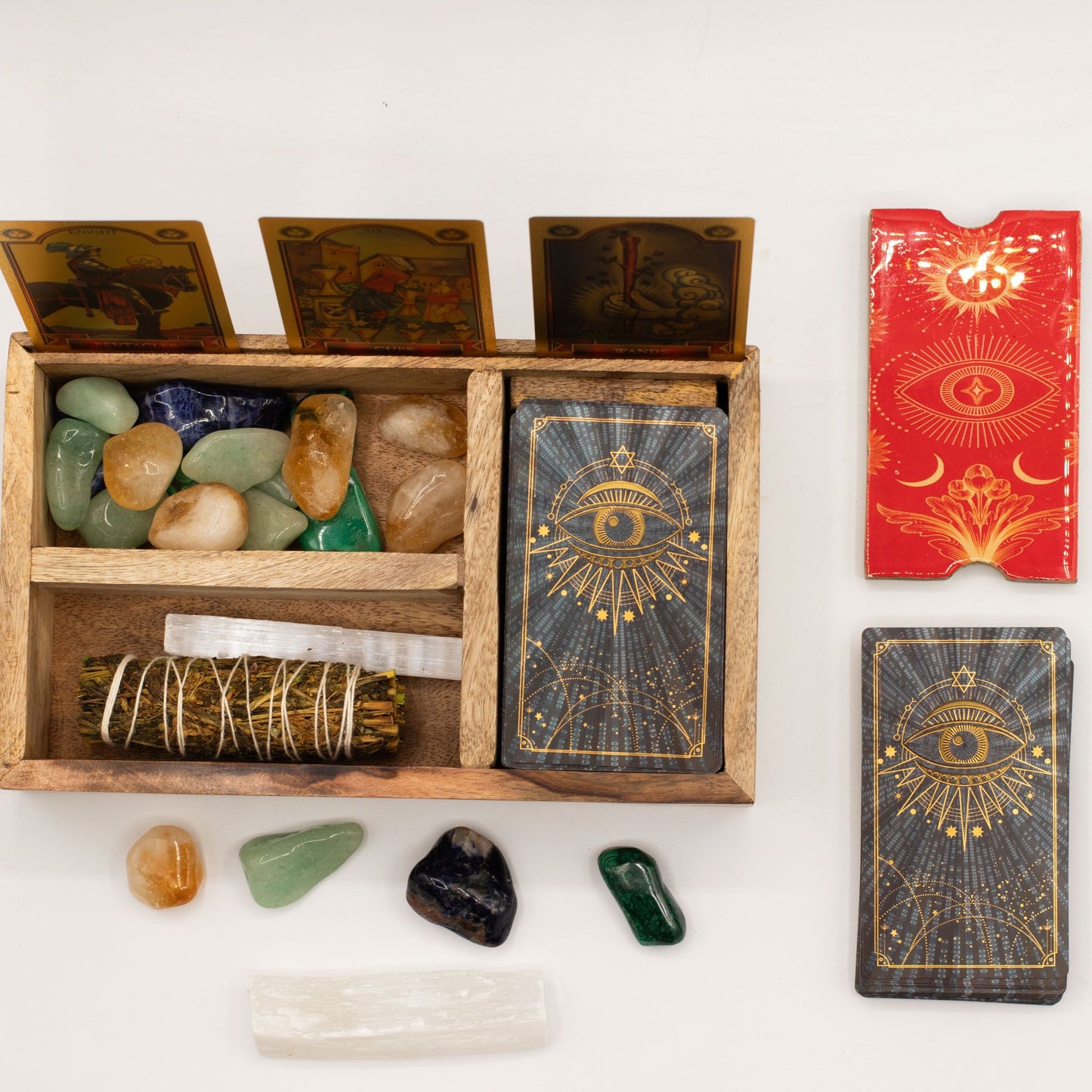 Three Section Tarot Box with Card Holder made from mango wood, open to show divided compartments and upright card display, styled  with crystals, and smudge stick