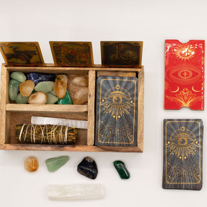 Three Section Tarot Box with Card Holder made from mango wood, open to show divided compartments and upright card display, styled  with crystals, and smudge stick