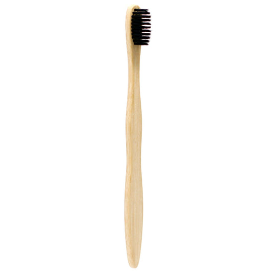 Single bamboo toothbrush with charcoal-infused medium-soft bristles, natural bamboo handle