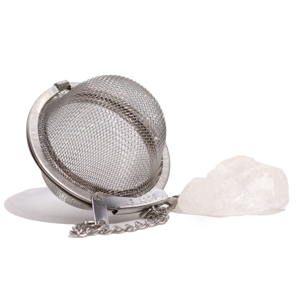 Raw rock quartz crystal tea strainer with stainless steel mesh basket