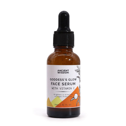 Elegant amber glass dropper bottle of Goddess’s Glow Vitamin C face serum 