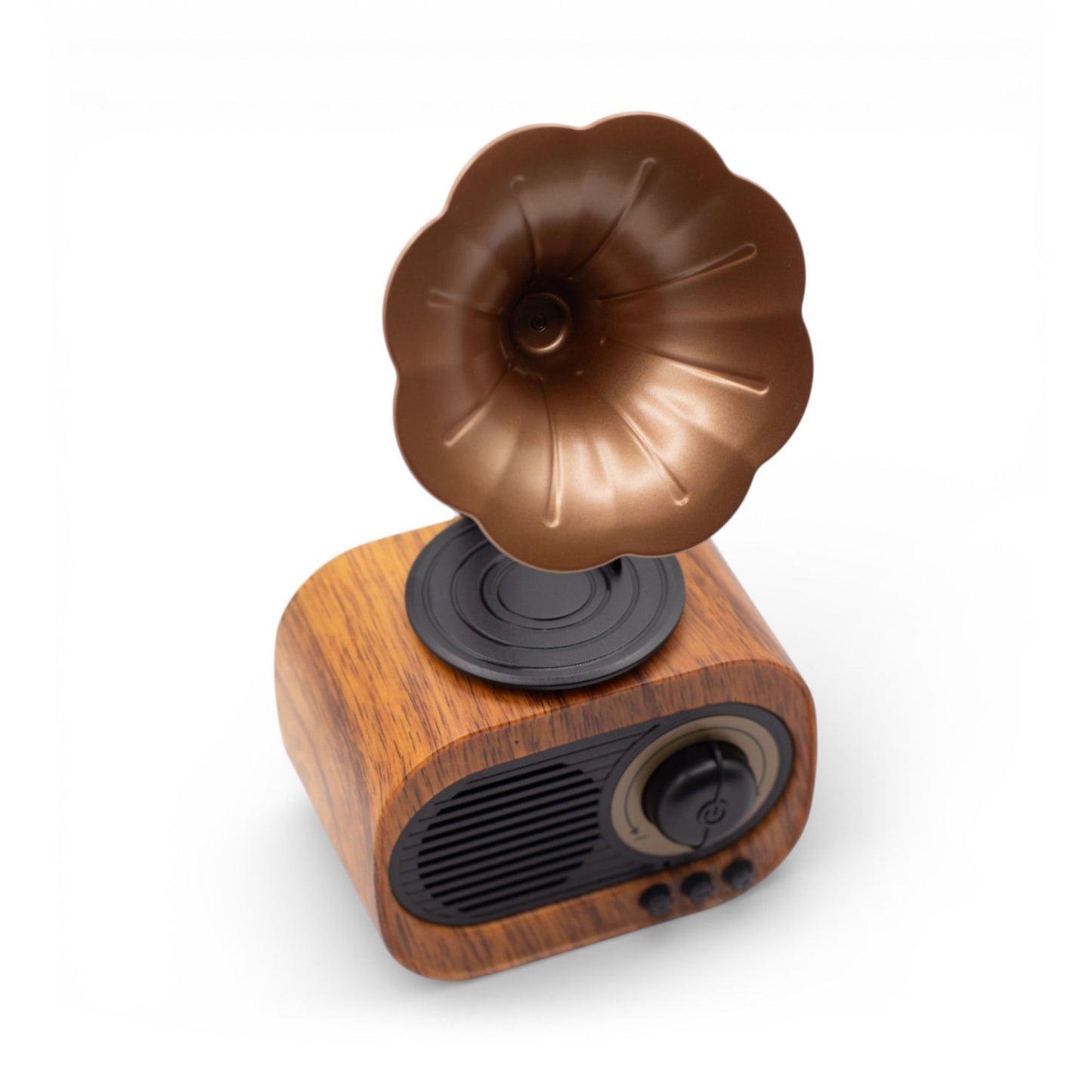 Retro mini gramophone Bluetooth speaker in classic horn shape with warm wood-effect base