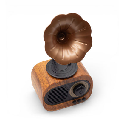 Retro mini gramophone Bluetooth speaker in classic horn shape with warm wood-effect base