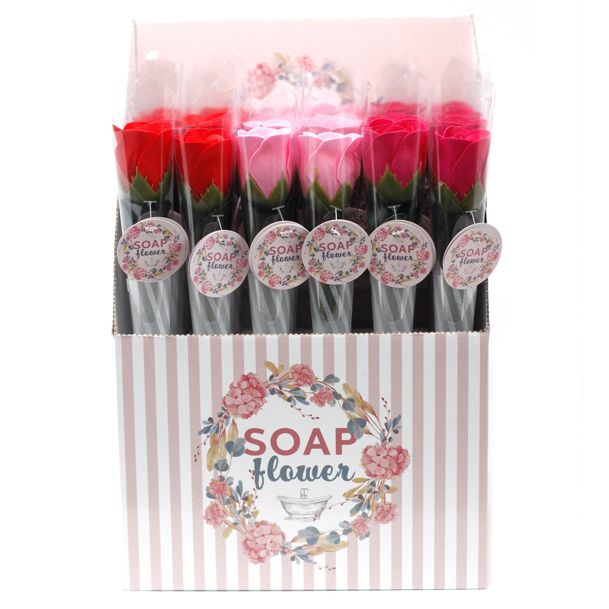 Packaged soap flowers with 'SOAP flower' 