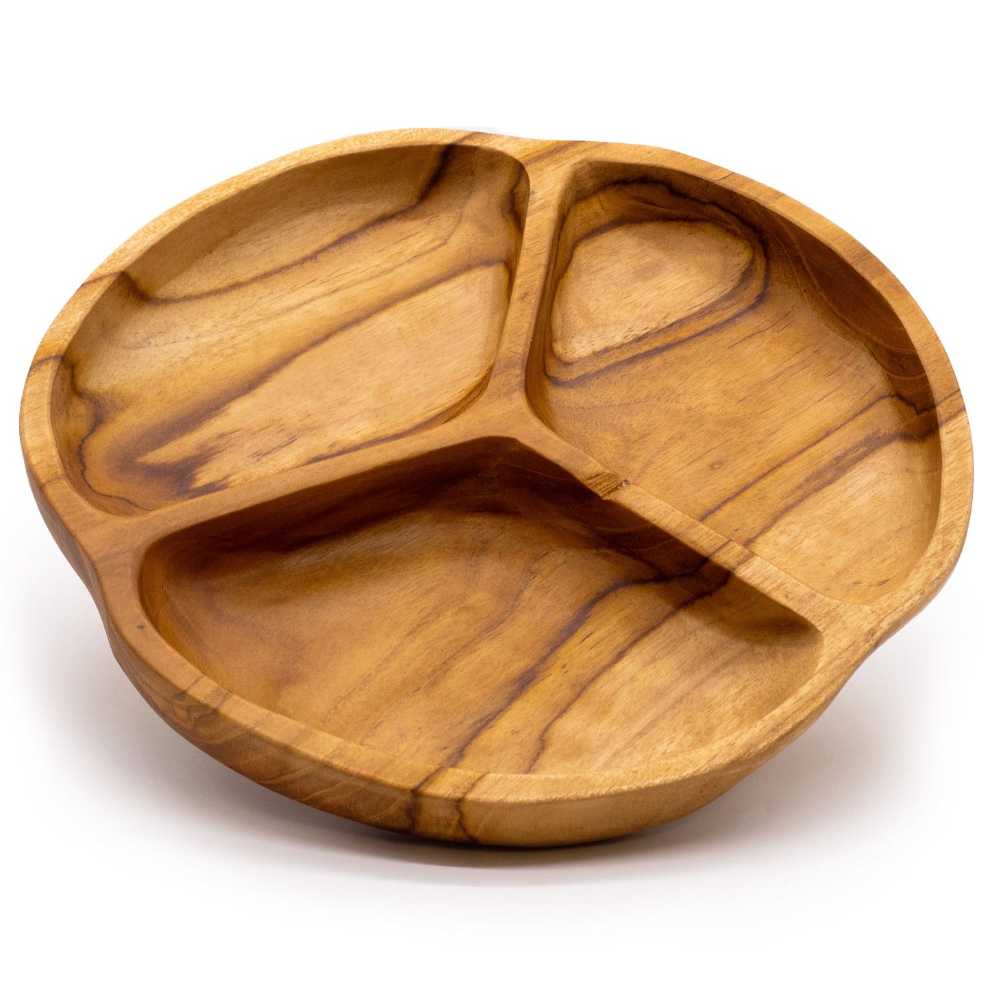 Close-up of smooth teakwood texture and warm grain patterns, highlighting the three separate compartments and craftsmanship