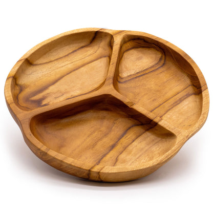 Close-up of smooth teakwood texture and warm grain patterns, highlighting the three separate compartments and craftsmanship