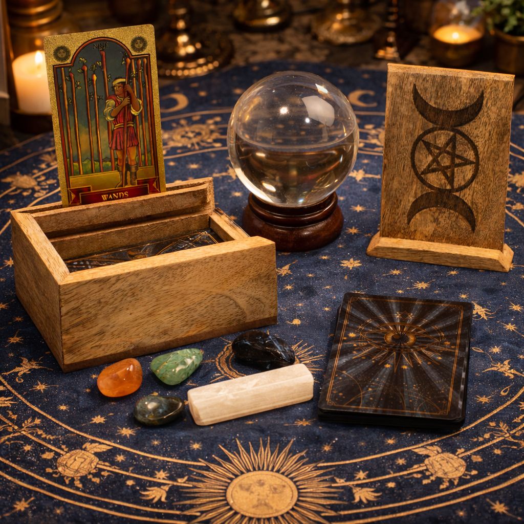 Small Tarot Box with Card Holder made from warm mango wood, open to show card compartment and upright display slot, styled on a dark altar with tarot cards, crystal ball, and stones on a starry night cloth
