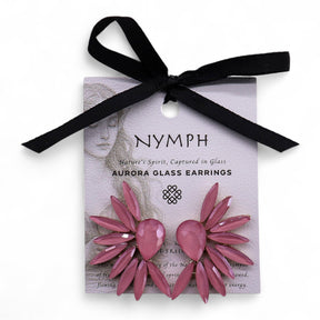 Pink aurora glass earrings on a 'Nymph' branded card with a black ribbon.