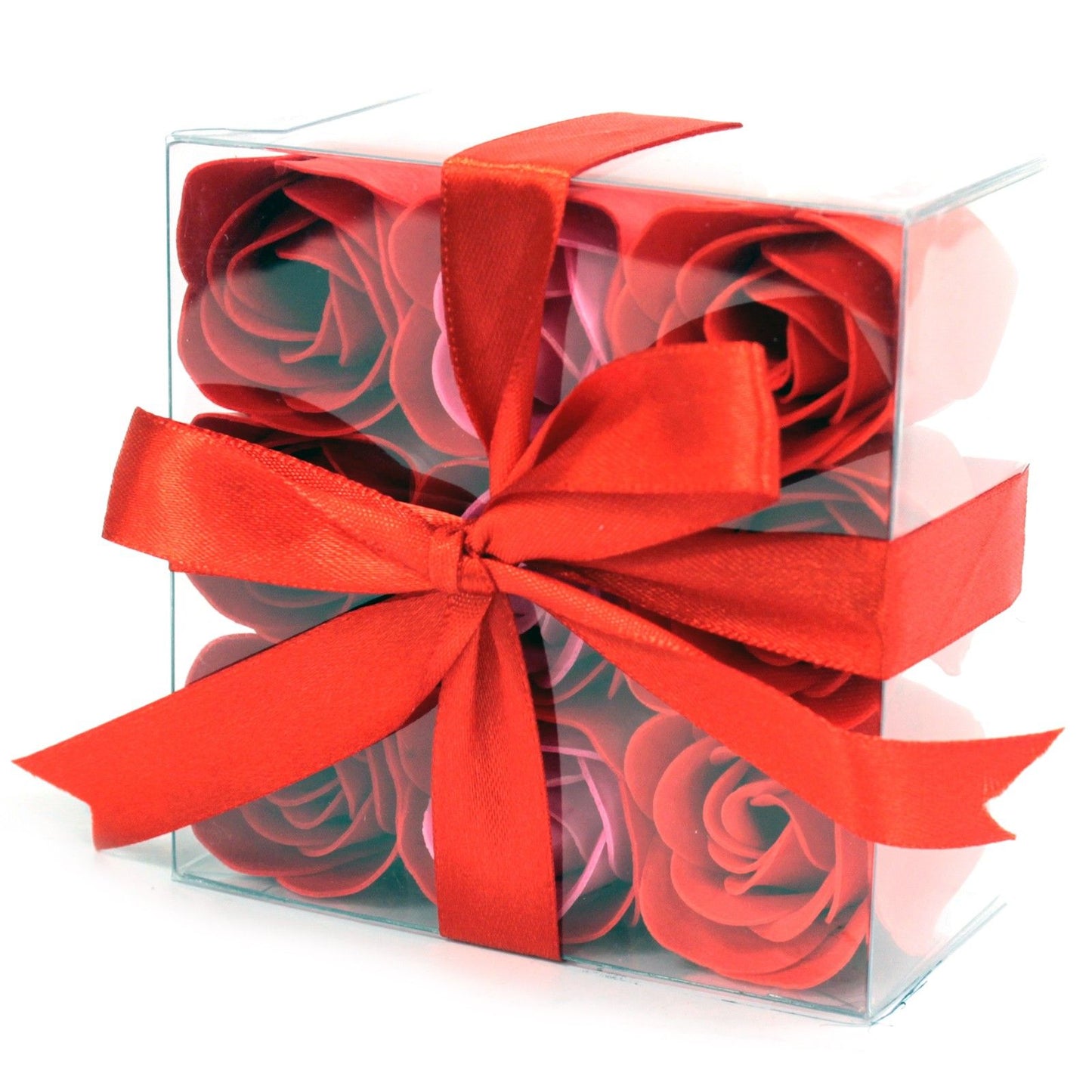 Set of 9 luxury red rose soap flowers, realistically detailed with delicate petals, arranged in elegant gift packaging, ready for bath or decorative display