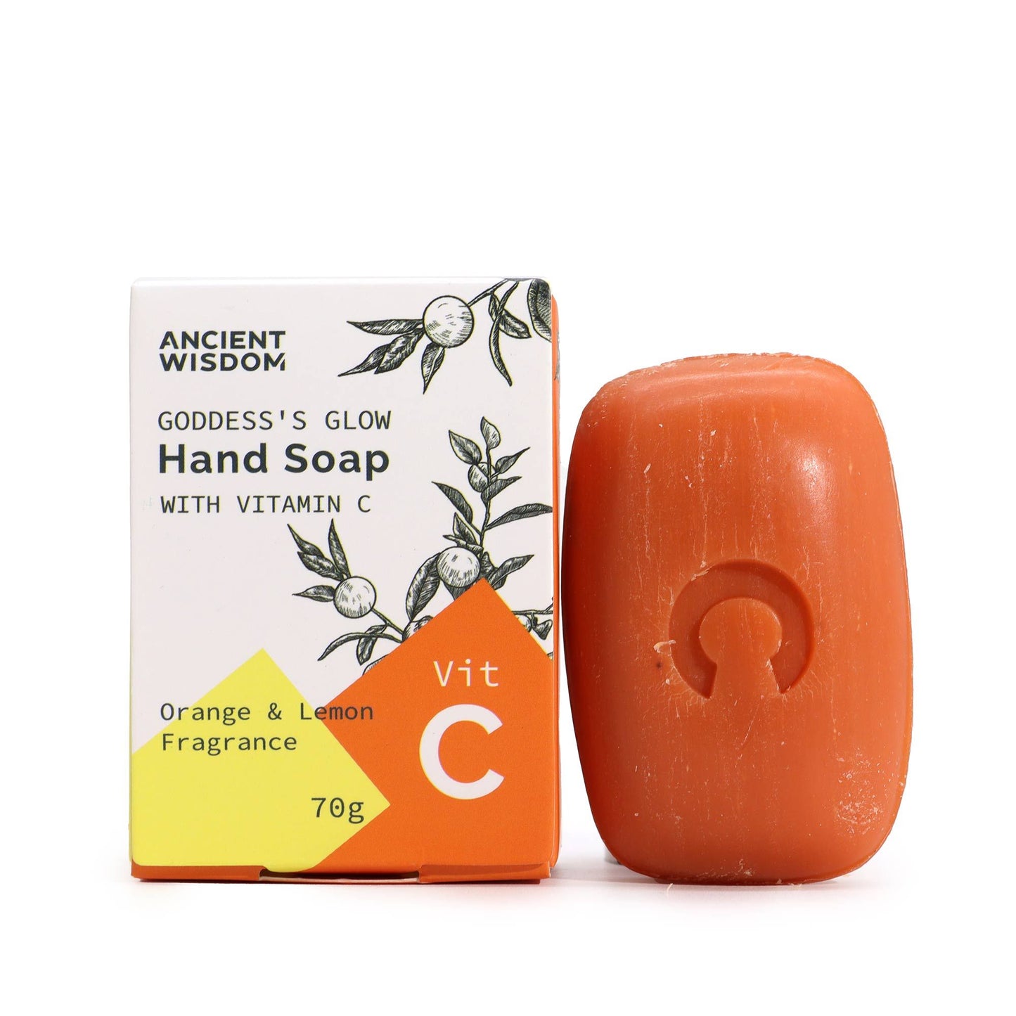 Orange bar of soap with 'Ancient Wisdom' packaging on a white background