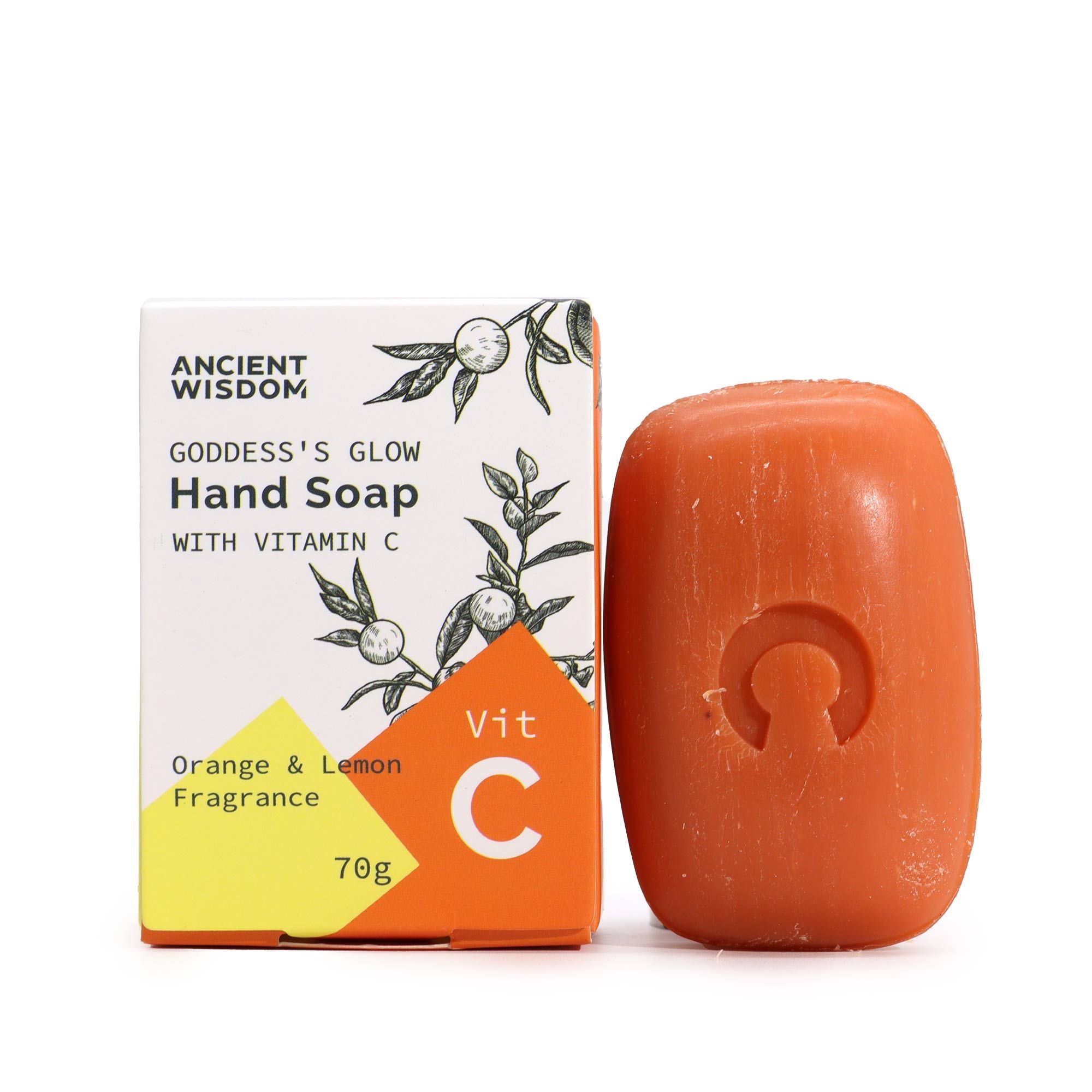 Orange bar of soap with 'Ancient Wisdom' packaging on a white background