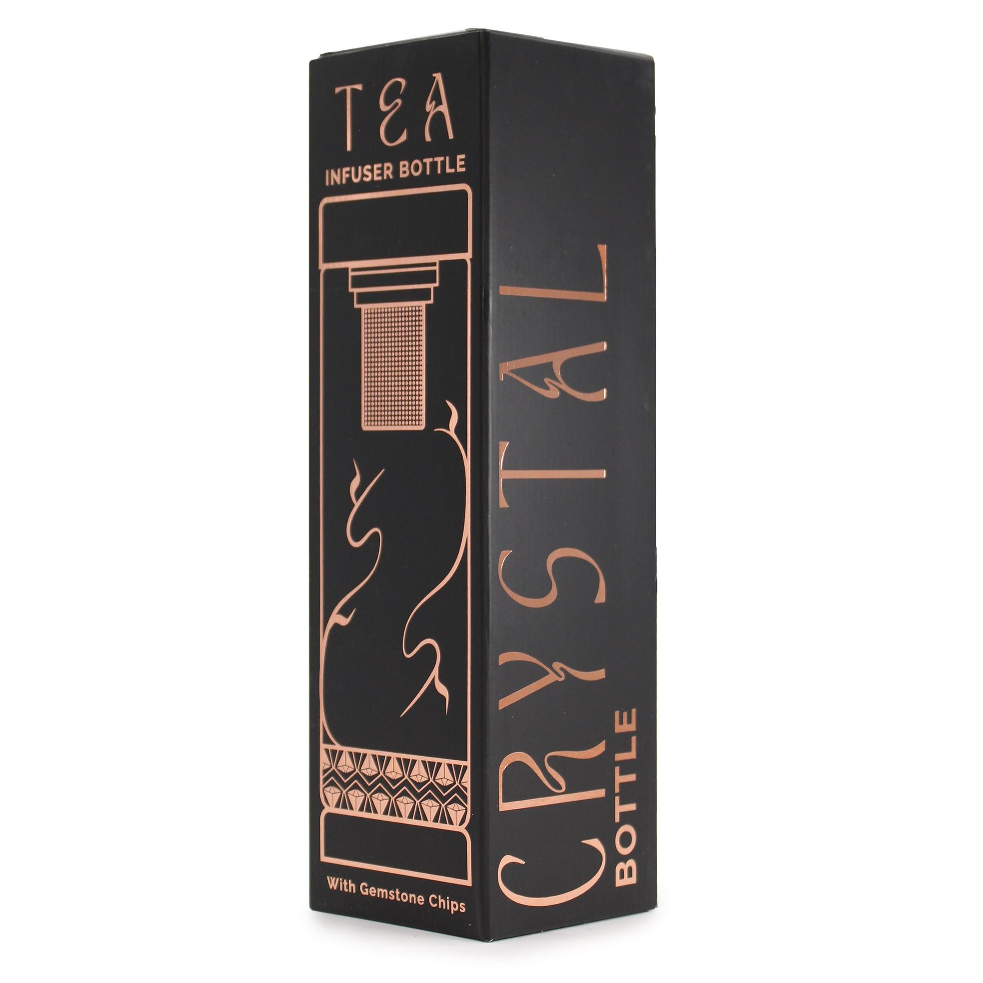 Rose gold amethyst crystal tea infuser bottle with removable bottom chamber full of purple amethyst chips, neoprene sleeve, loose leaf tea and steaming brew