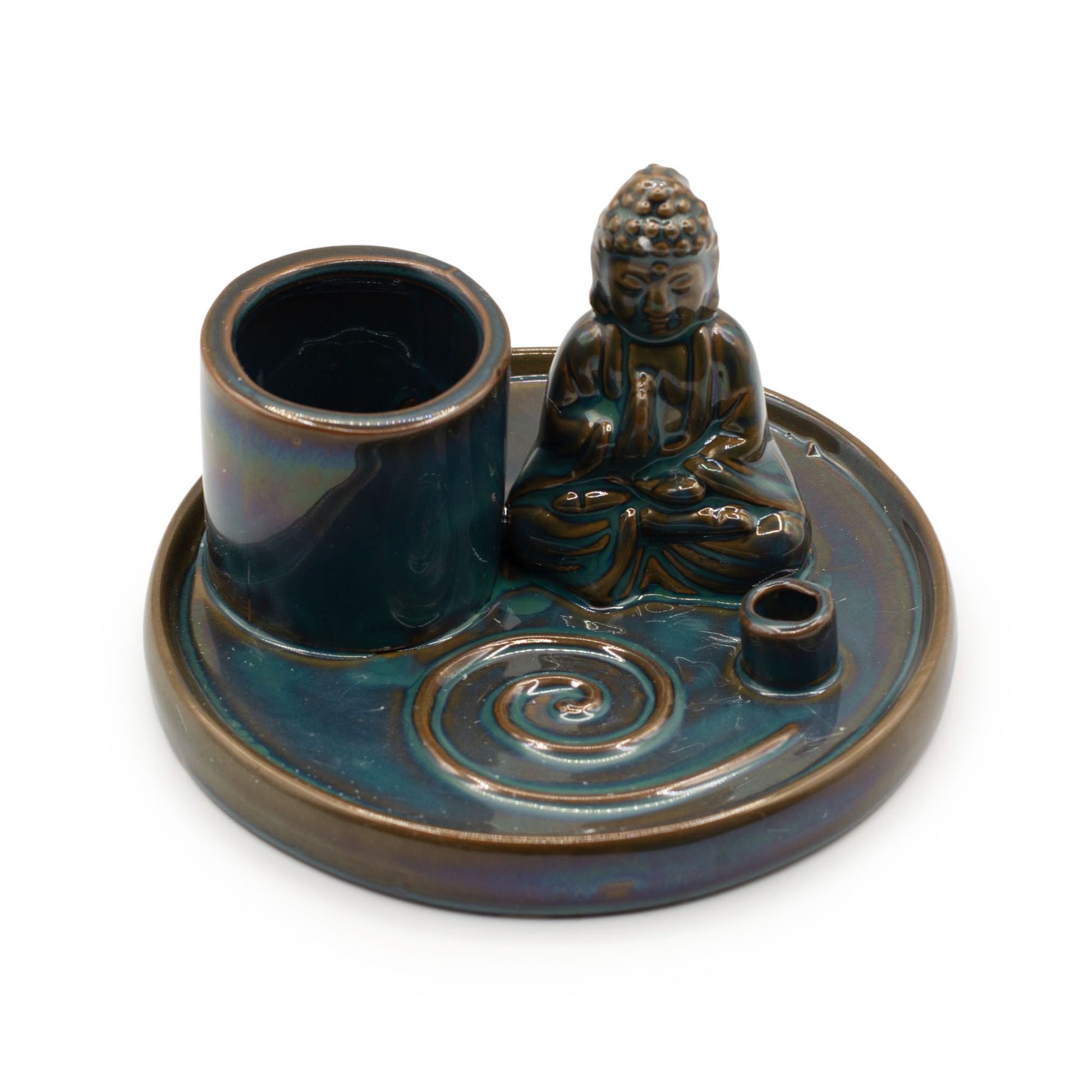 Deep blue ceramic Buddha incense plate with seated Buddha figure, integrated holders for incense sticks & cones