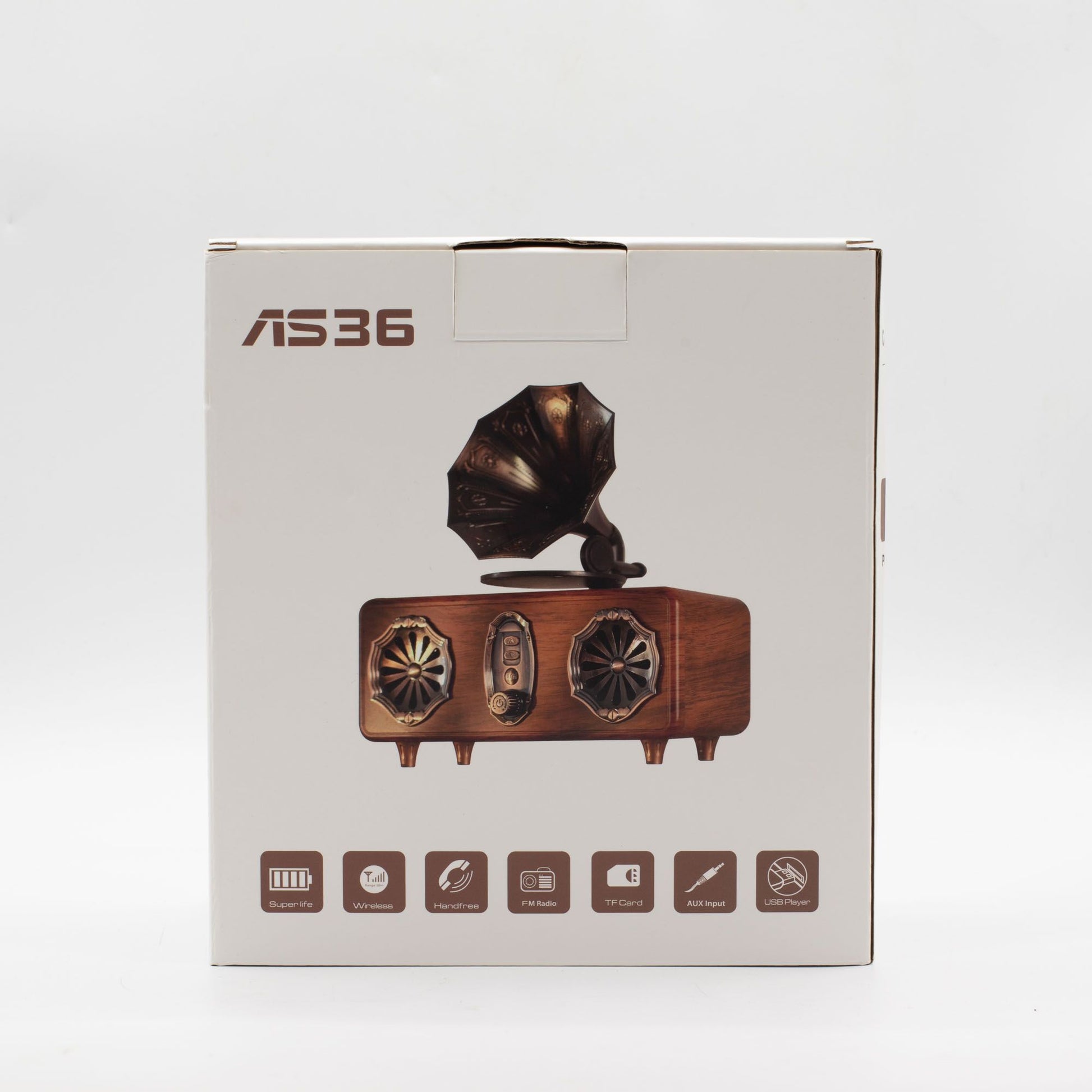 Product packaging with a vintage-style radio and AS36 branding on a light gray background