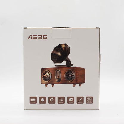 Product packaging with a vintage-style radio and AS36 branding on a light gray background