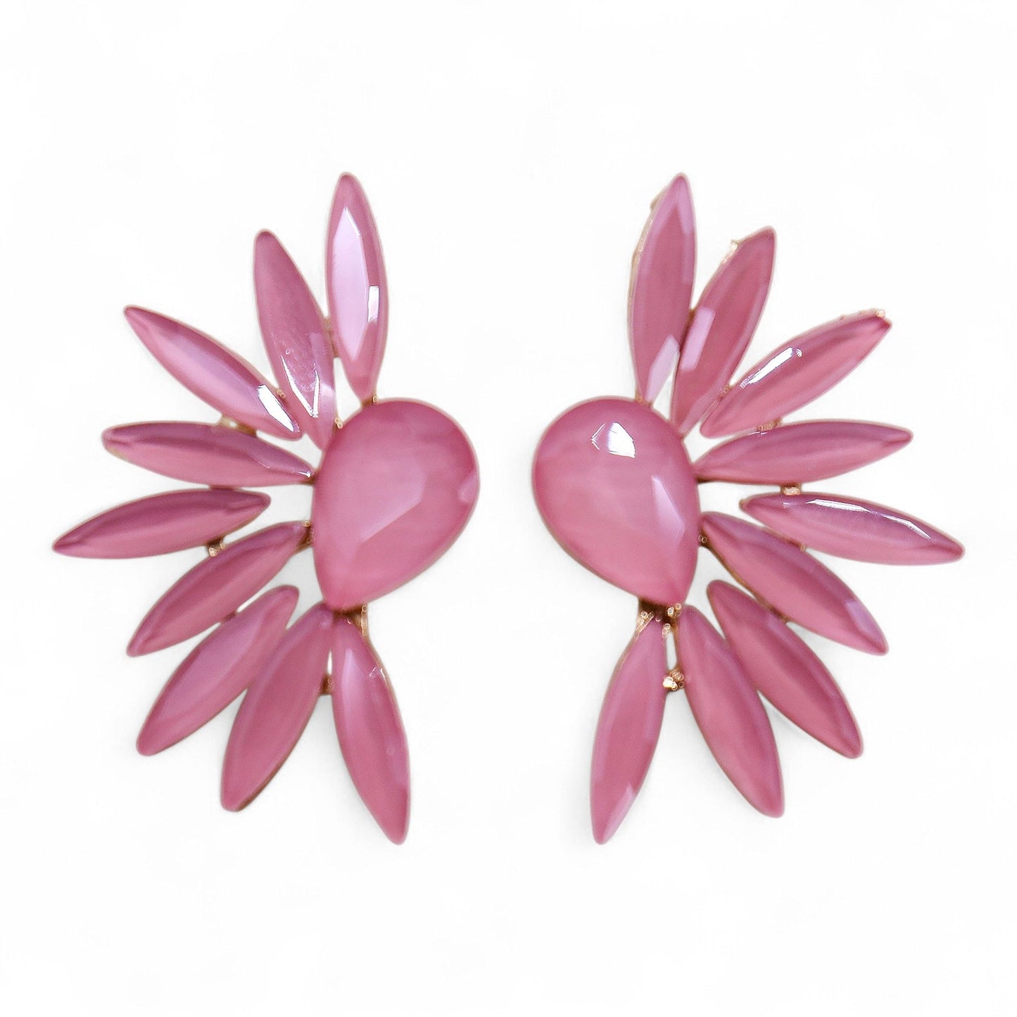 Soft pink vintage glass angel wing earrings catching gentle light, styled with rose petals and crystal-clear water droplets