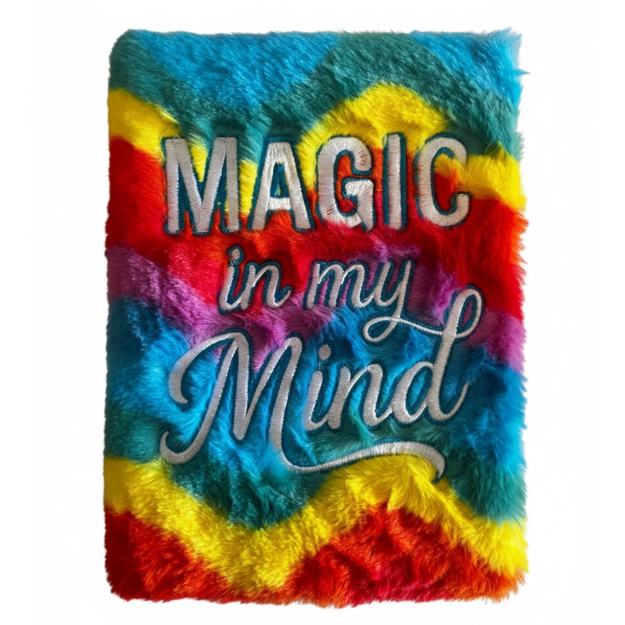 Multicolored tie-dye pillow with 'Magic in my Mind' journal