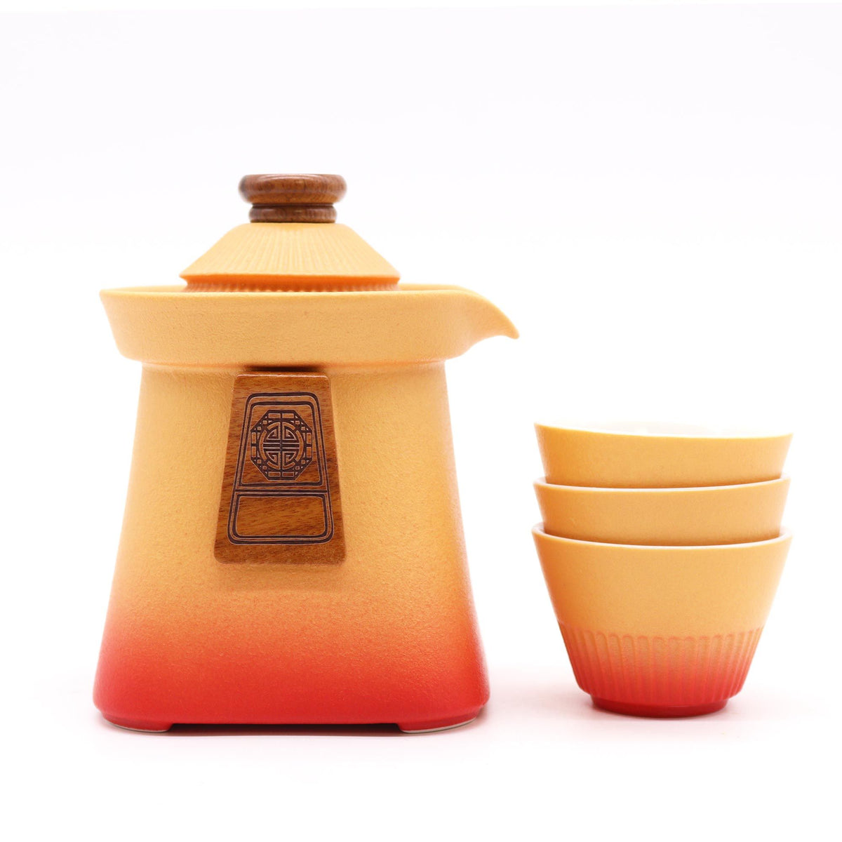 Temple Teapot Set with three cups in warm Orange Earth design