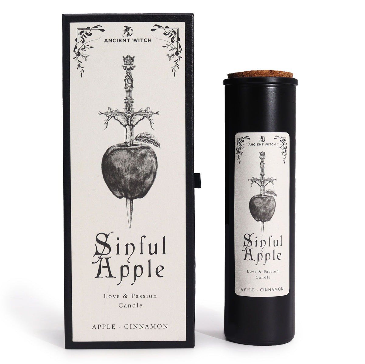 Candle packaging with 'Sinful Apple' label featuring an apple and sword design.