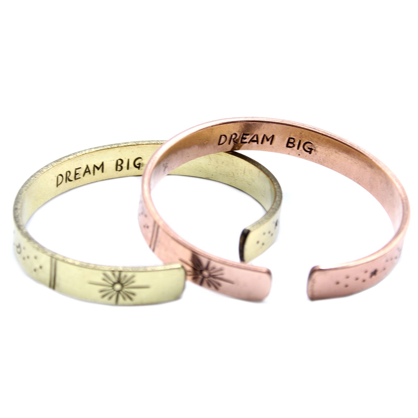 Hand-hammered brass galaxy cuff from Nepal with secret inner mantra (Dream Big, Reach For The Stars & more). Stars & Earth design outside. Fair-trade, adjustable, gift-ready with story card