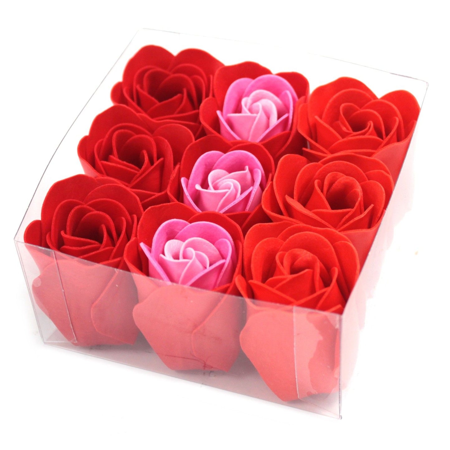 Set of 9 luxury red rose soap flowers, realistically detailed with delicate petals, arranged in elegant gift packaging, ready for bath or decorative display