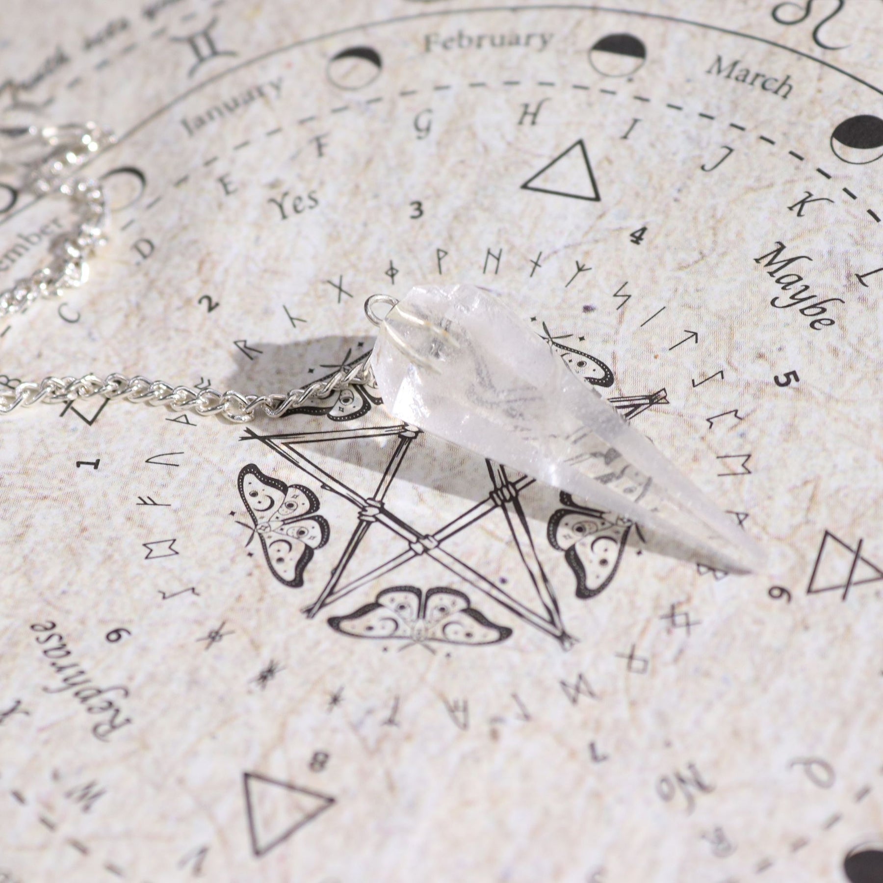 Crystal pendulum on an astrological chart with symbols and text