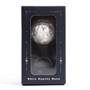 White Howlite Moon Planet 4cm on Goldstone Ring Stand – Lunar Glow