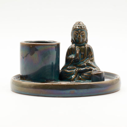 Deep blue ceramic Buddha incense plate with seated Buddha figure, integrated holders for incense sticks & cones