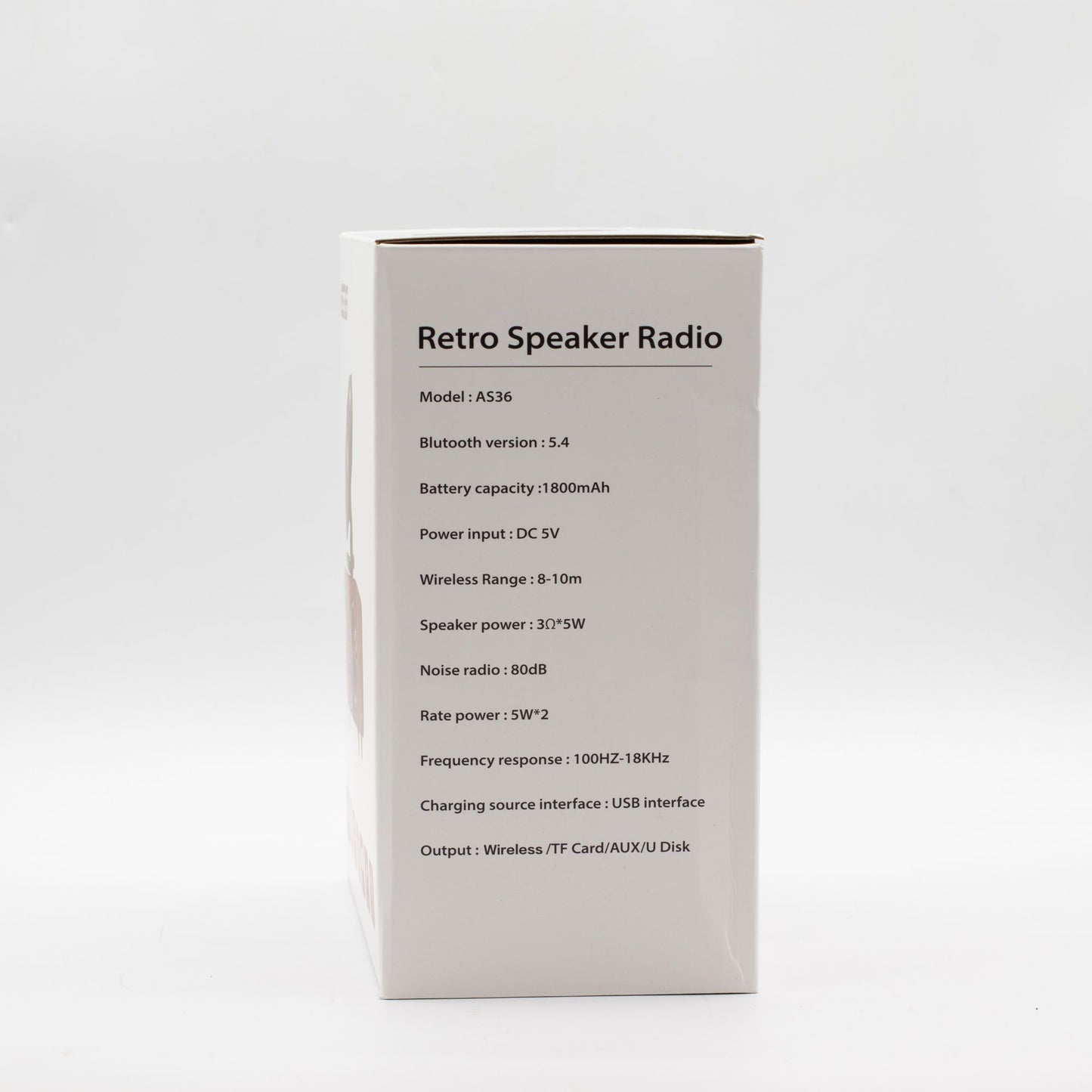 Box for a retro speaker radio with specifications on a white background