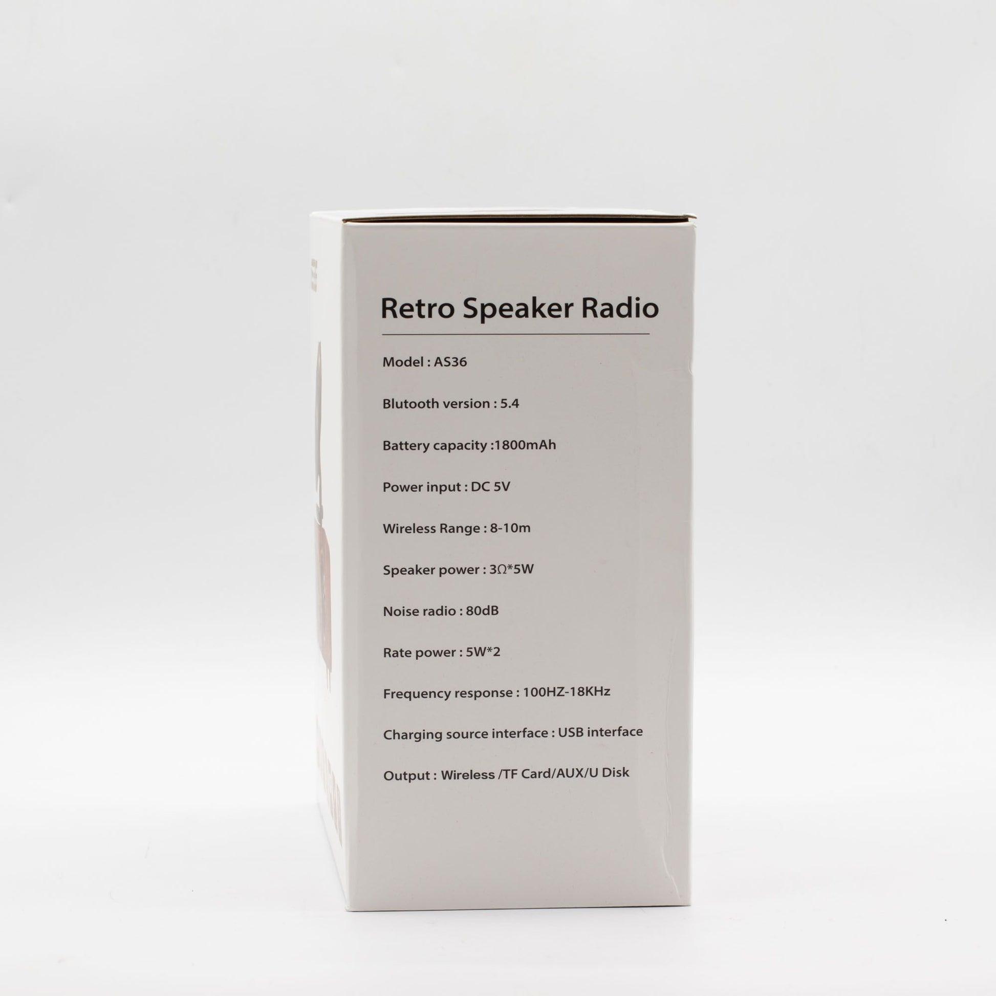 Box for a retro speaker radio with specifications on a white background