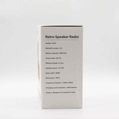 Box for a retro speaker radio with specifications on a white background