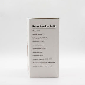 Box for a retro speaker radio with specifications on a white background