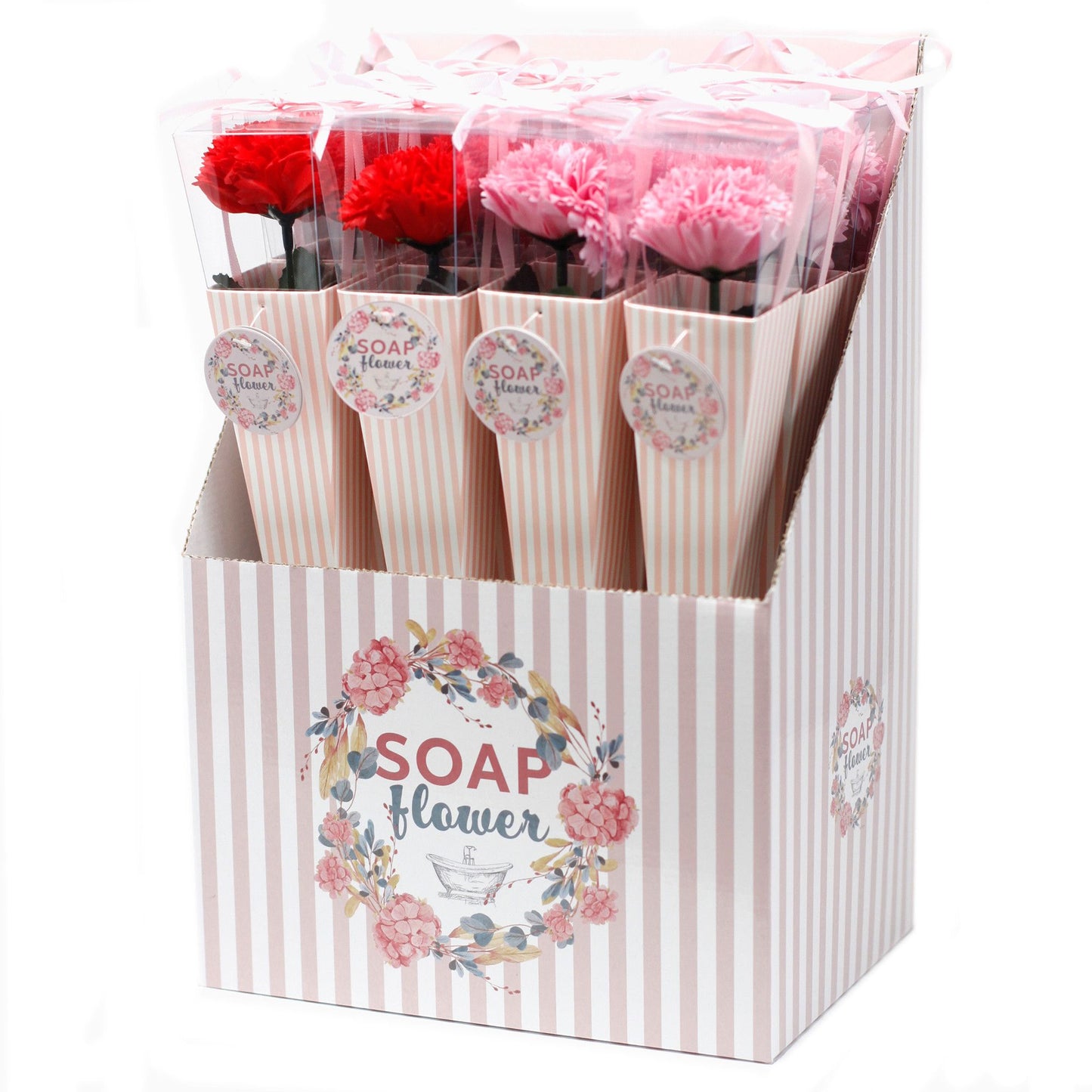 Packaged soap flowers in a decorative box with floral design and 'SOAP FLOWER' text.
