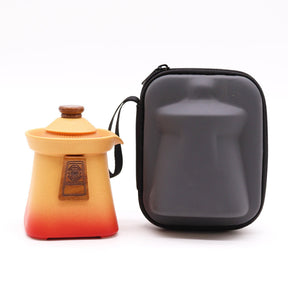 Temple Teapot Set with three cups in warm Orange Earth design with grey case
