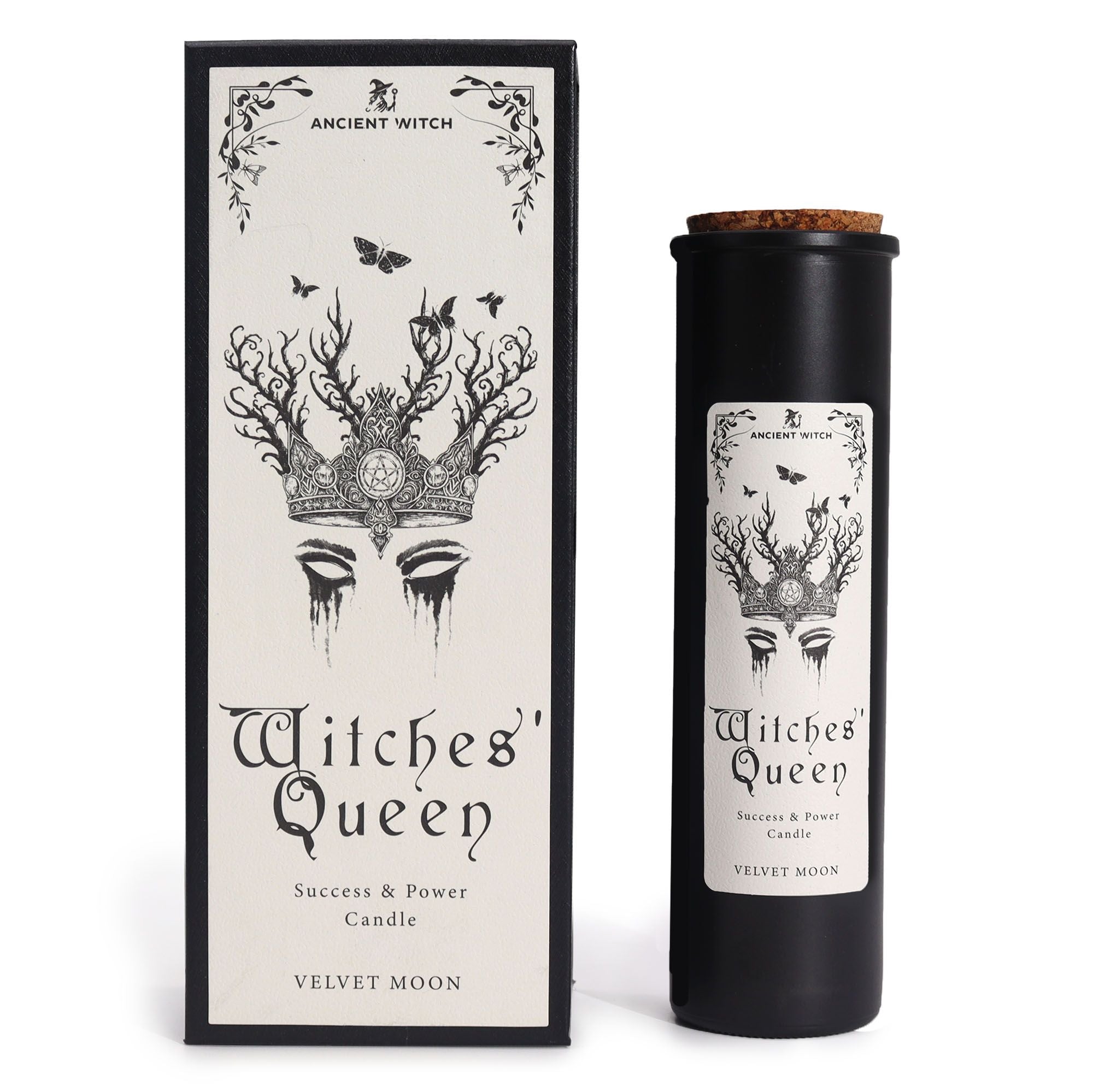 Witches' Queen candle packaging with black and white design on a white background