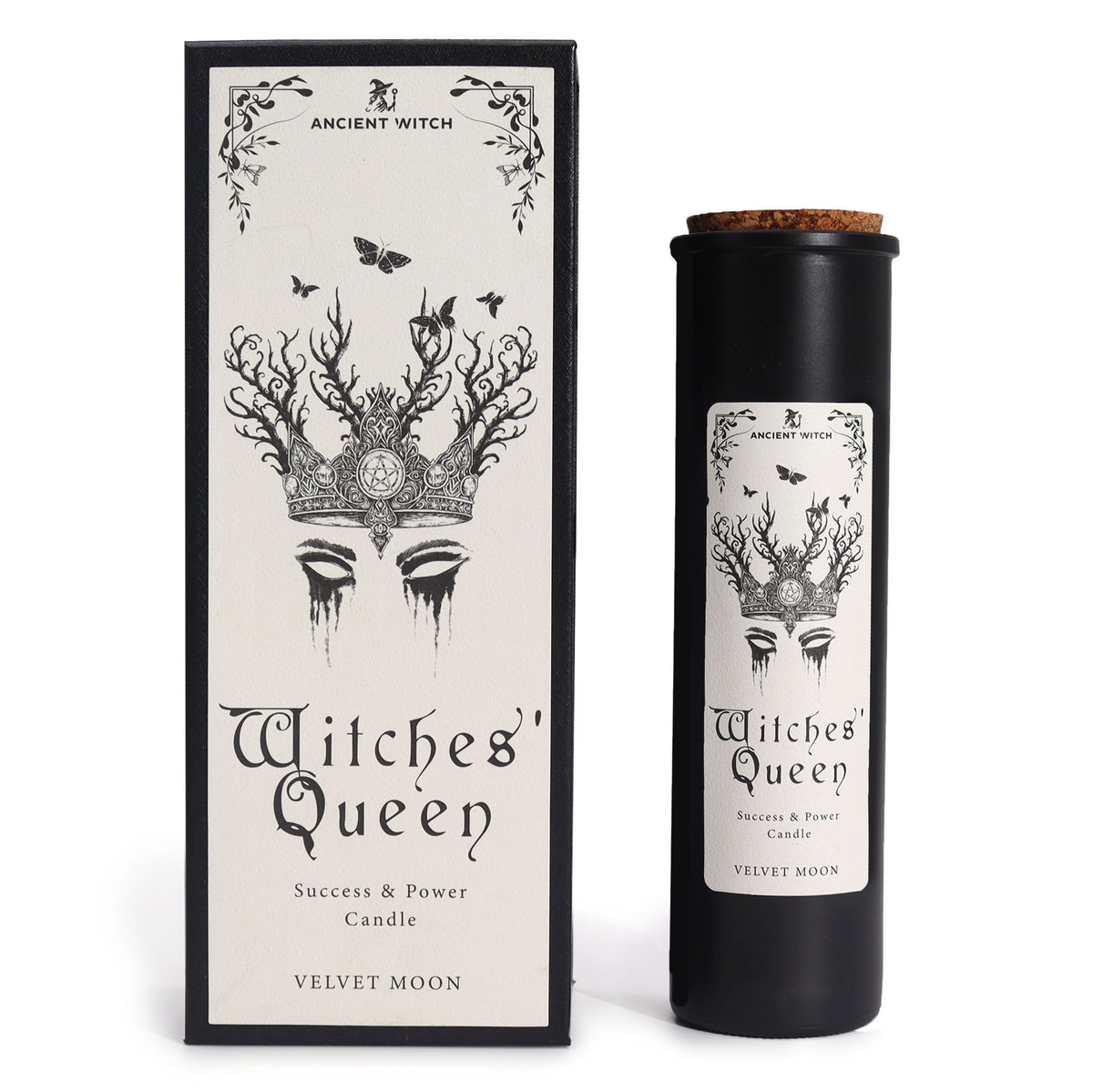 Witches' Queen candle packaging with black and white design on a white background