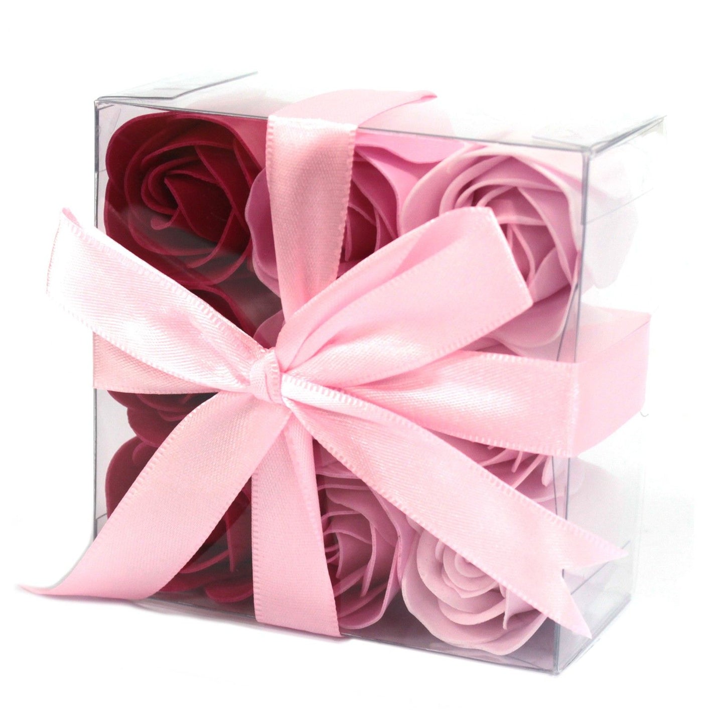 Set of 9 luxury pink rose soap flowers with realistic petal details, artistically arranged in elegant gift packaging, ready for bath use or decorative display