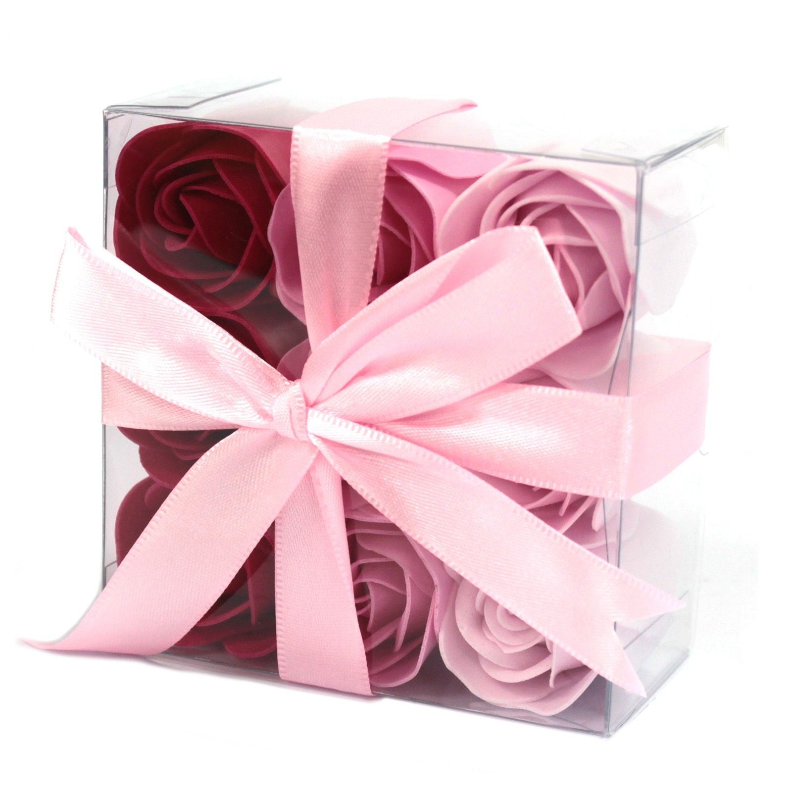 Set of 9 luxury pink rose soap flowers with realistic petal details, artistically arranged in elegant gift packaging, ready for bath use or decorative display
