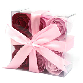Set of 9 luxury pink rose soap flowers with realistic petal details, artistically arranged in elegant gift packaging, ready for bath use or decorative display