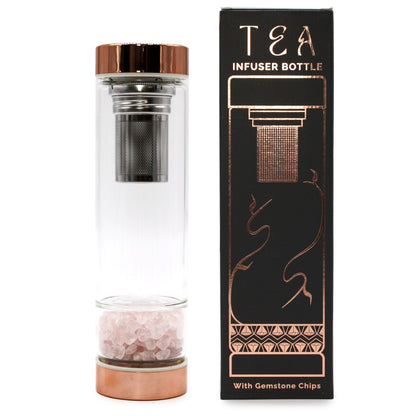 Rose gold rose quartz crystal tea infuser bottle with removable bottom chamber full of pink rose quartz chips, neoprene sleeve
