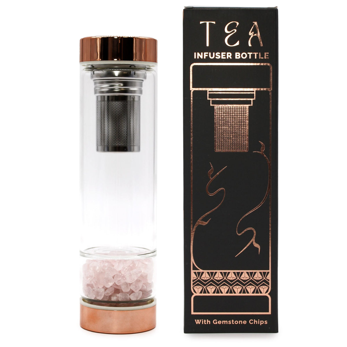 Rose gold rose quartz crystal tea infuser bottle with removable bottom chamber full of pink rose quartz chips, neoprene sleeve