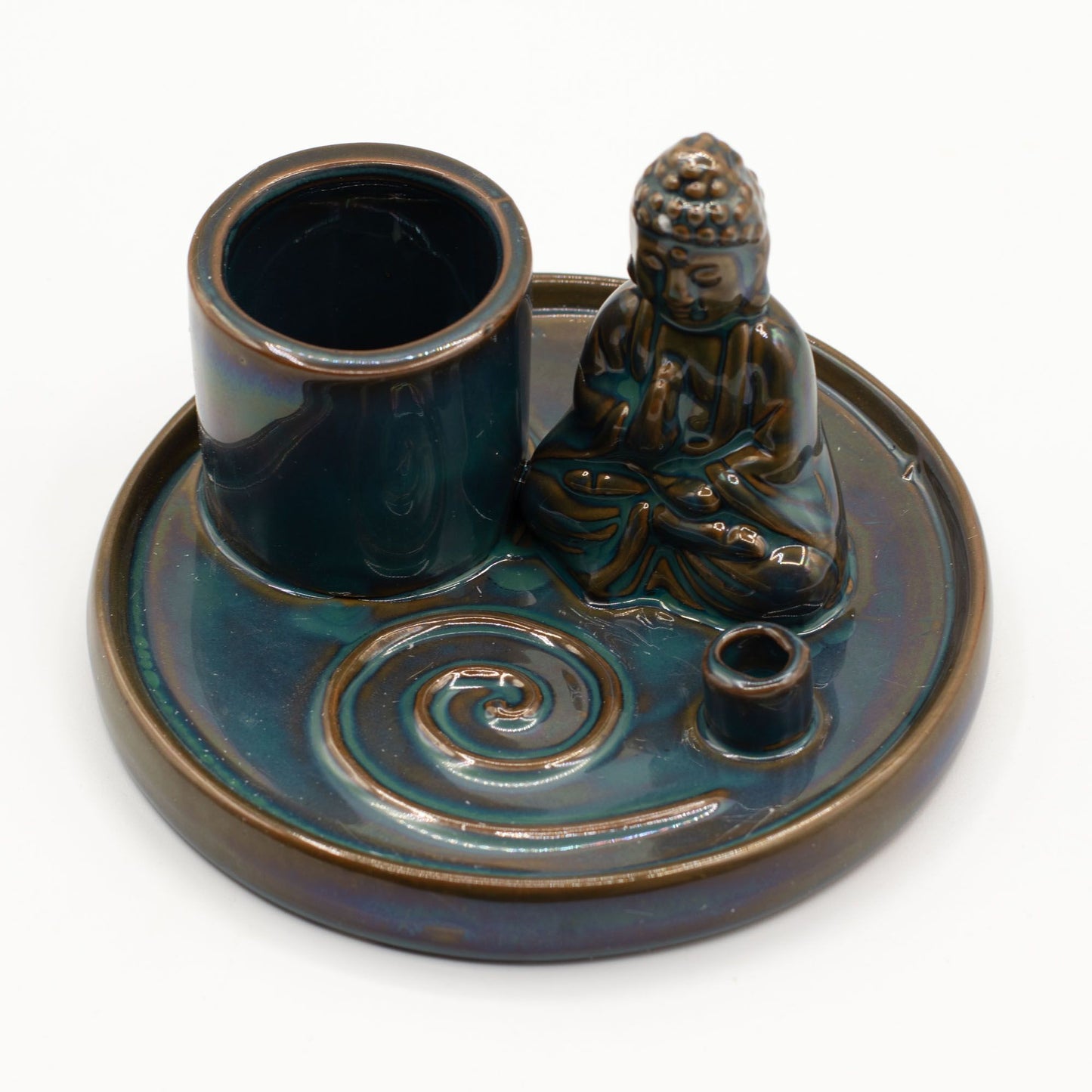 Deep blue ceramic Buddha incense plate with seated Buddha figure, integrated holders for incense sticks & cones