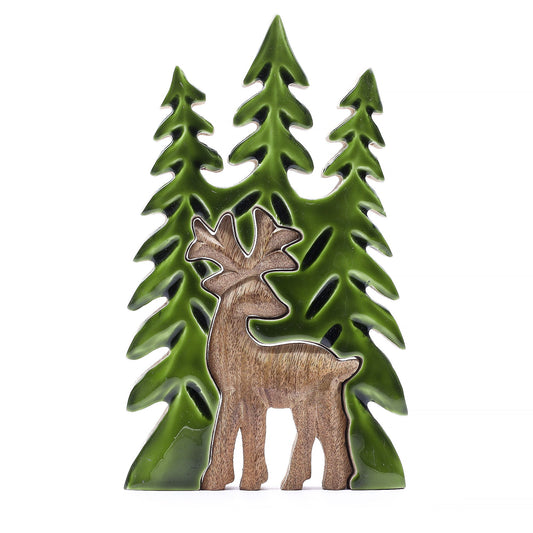 Decorative wall art with a deer and trees on a white background