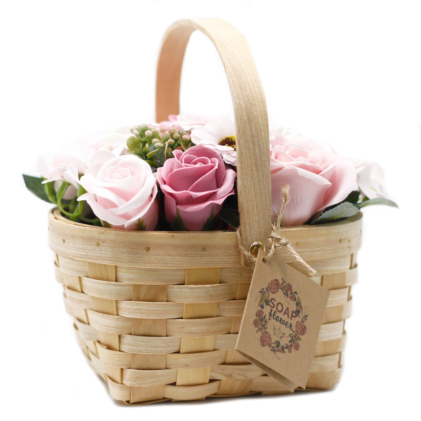 Large pink soap flower bouquet with lifelike roses and blooms beautifully arranged in natural wicker basket, tied with ribbon, presented as luxury bath gift on soft white background