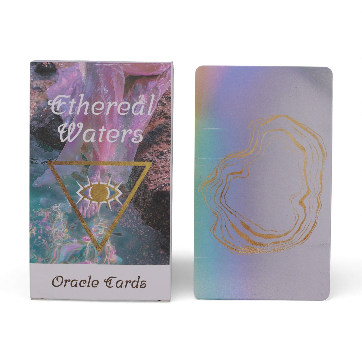 Ethereal Waters Oracle Deck fanned out showing soft pastel siren, moonlit ocean & wave illustrations, guidebook and box