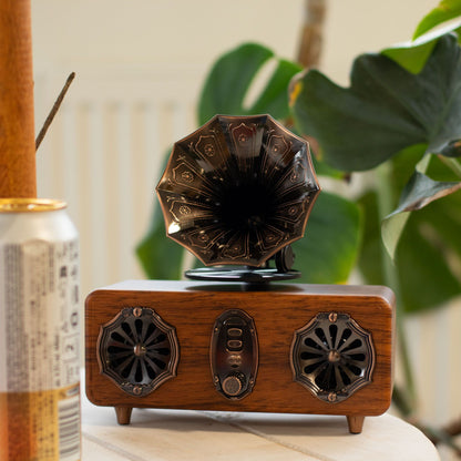 Retro mini double gramophone Bluetooth speaker with twin ornate horns and warm wood-effect cabinet on a surface with plants in the background.