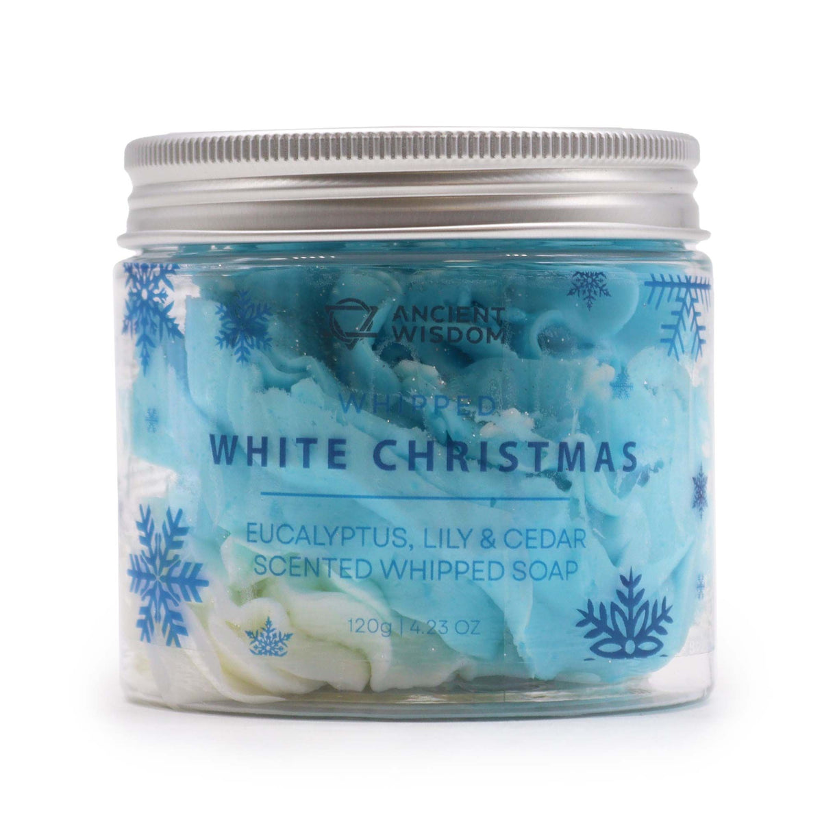 White Christmas Whipped Soap 120g jar topped with biodegradable glitter and delicate sugar snowflakes on festive red background